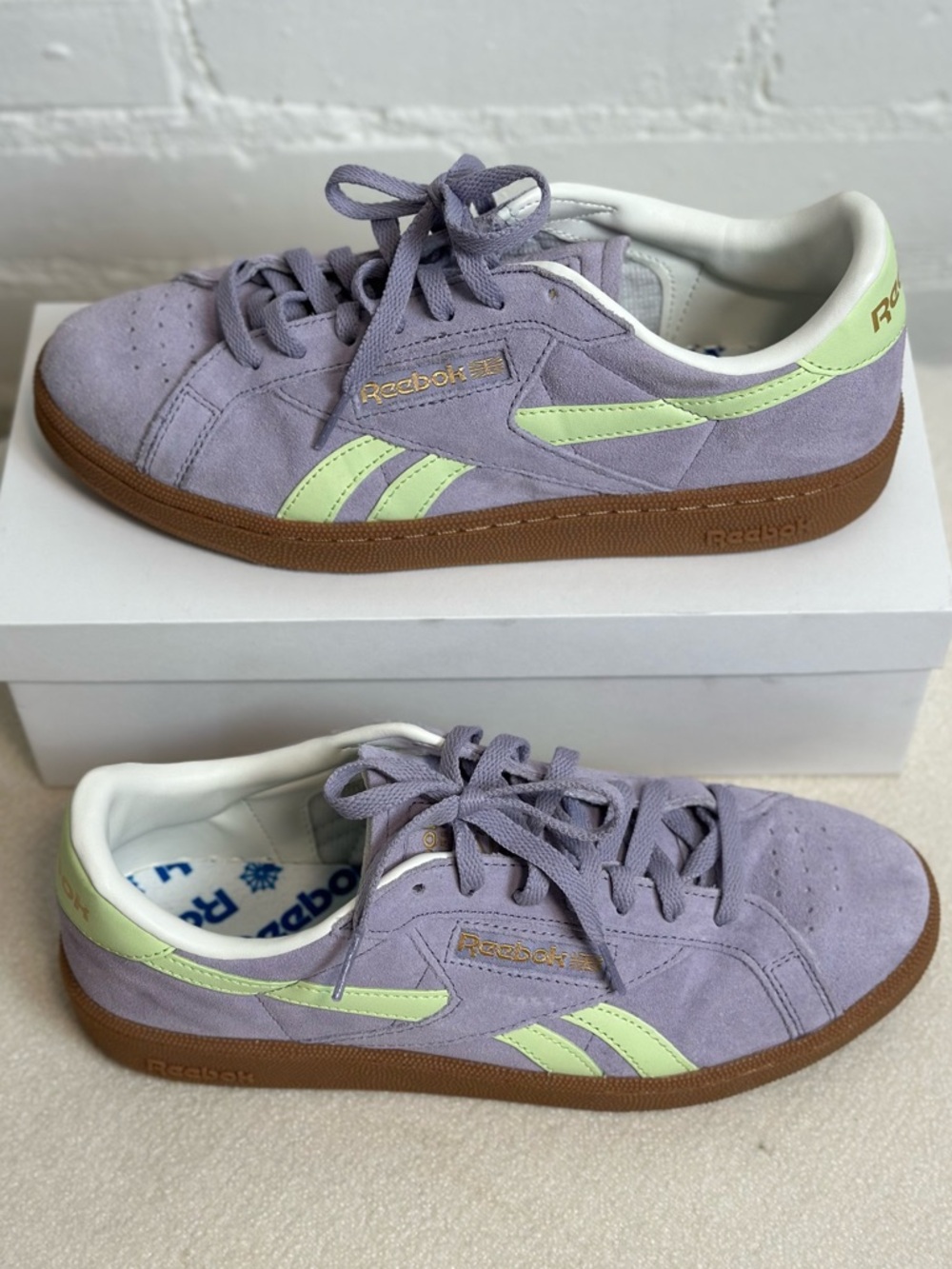 Reebok Lavender Suede Club C Grounds UK Sneakers with Neon Lime Size 10 - Picture 2 of 8